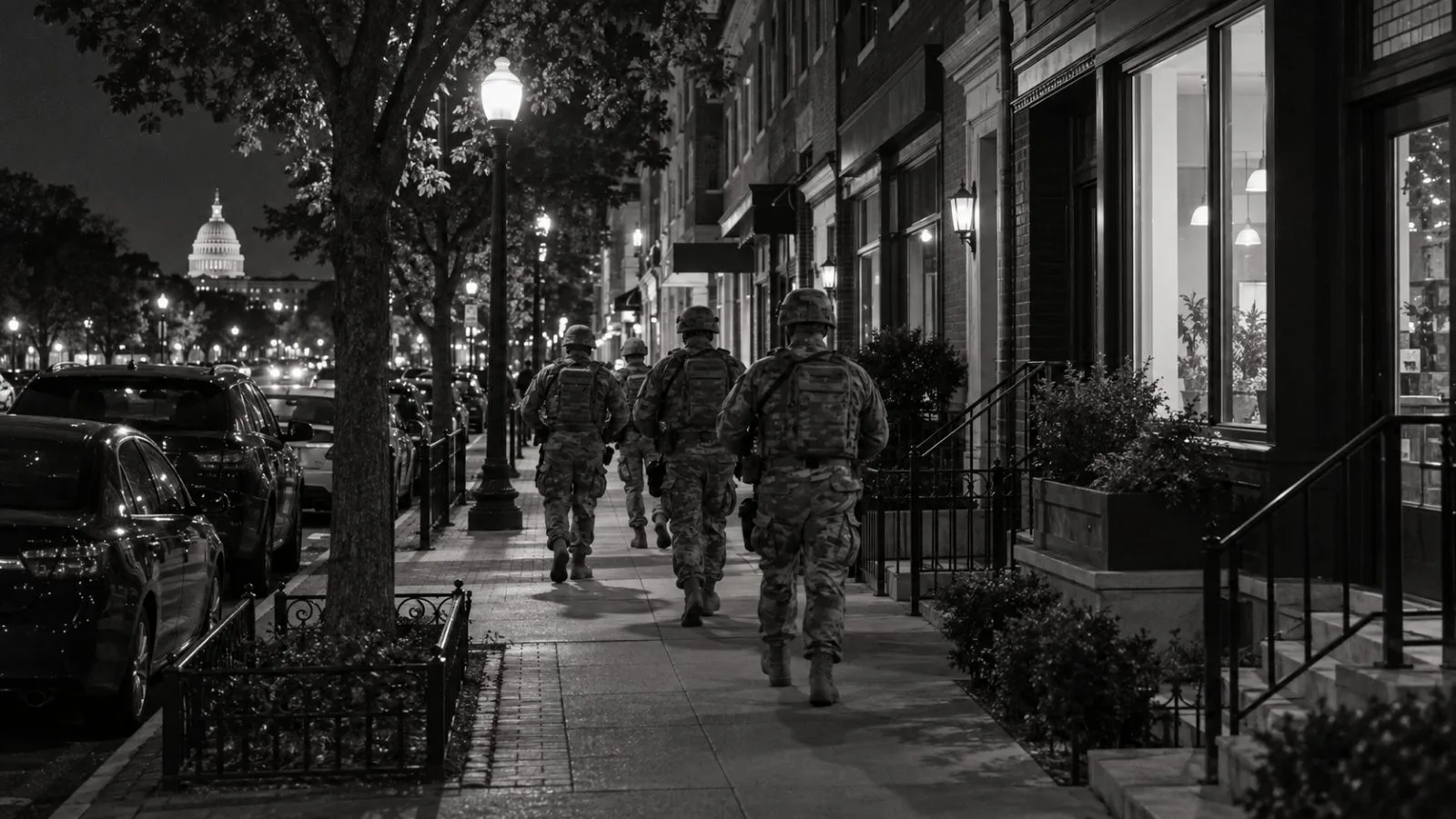 National Guard members patrol Washington's Barracks Row under evening streetlights. (AI-generated image / EconoTimes)