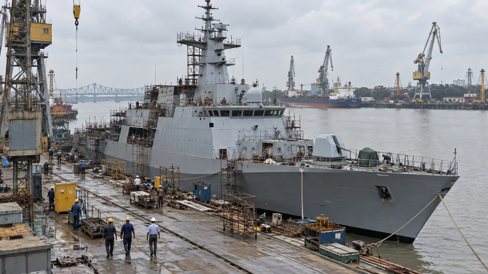 A naval corvette lies alongside a fitting-out quay at Garden Reach shipyard in Kolkata. (AI-generated image / EconoTimes)