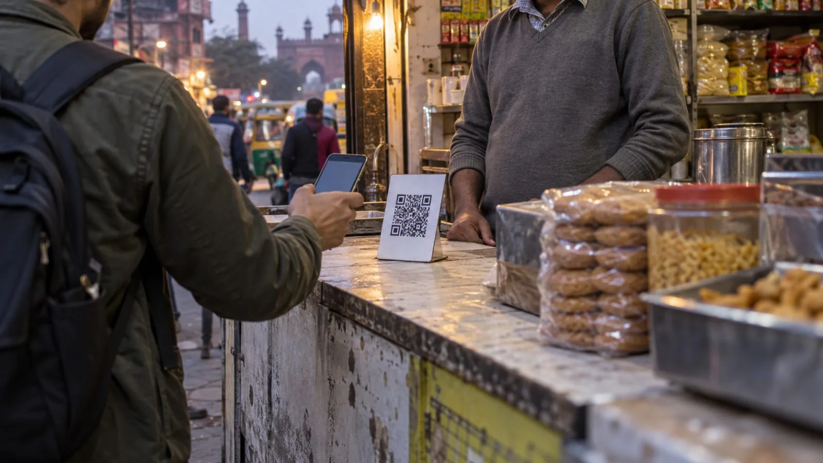 A customer scans a QR payment placard at a small shop in New Delhi, India. (AI-generated image / EconoTimes)
