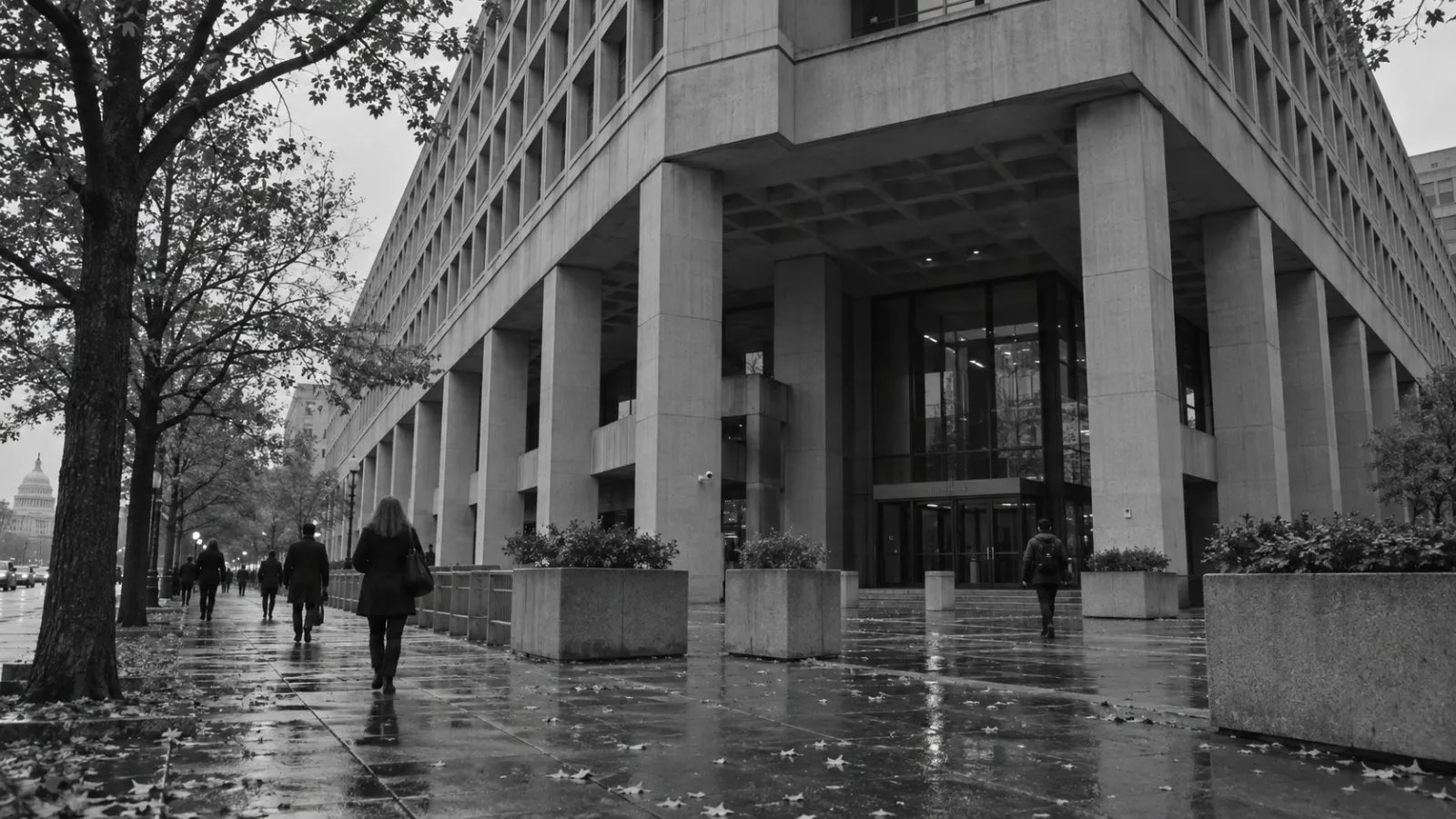 Pedestrians pass the J. Edgar Hoover Building in Washington, D.C., beneath gray skies. (AI-generated image / EconoTimes)