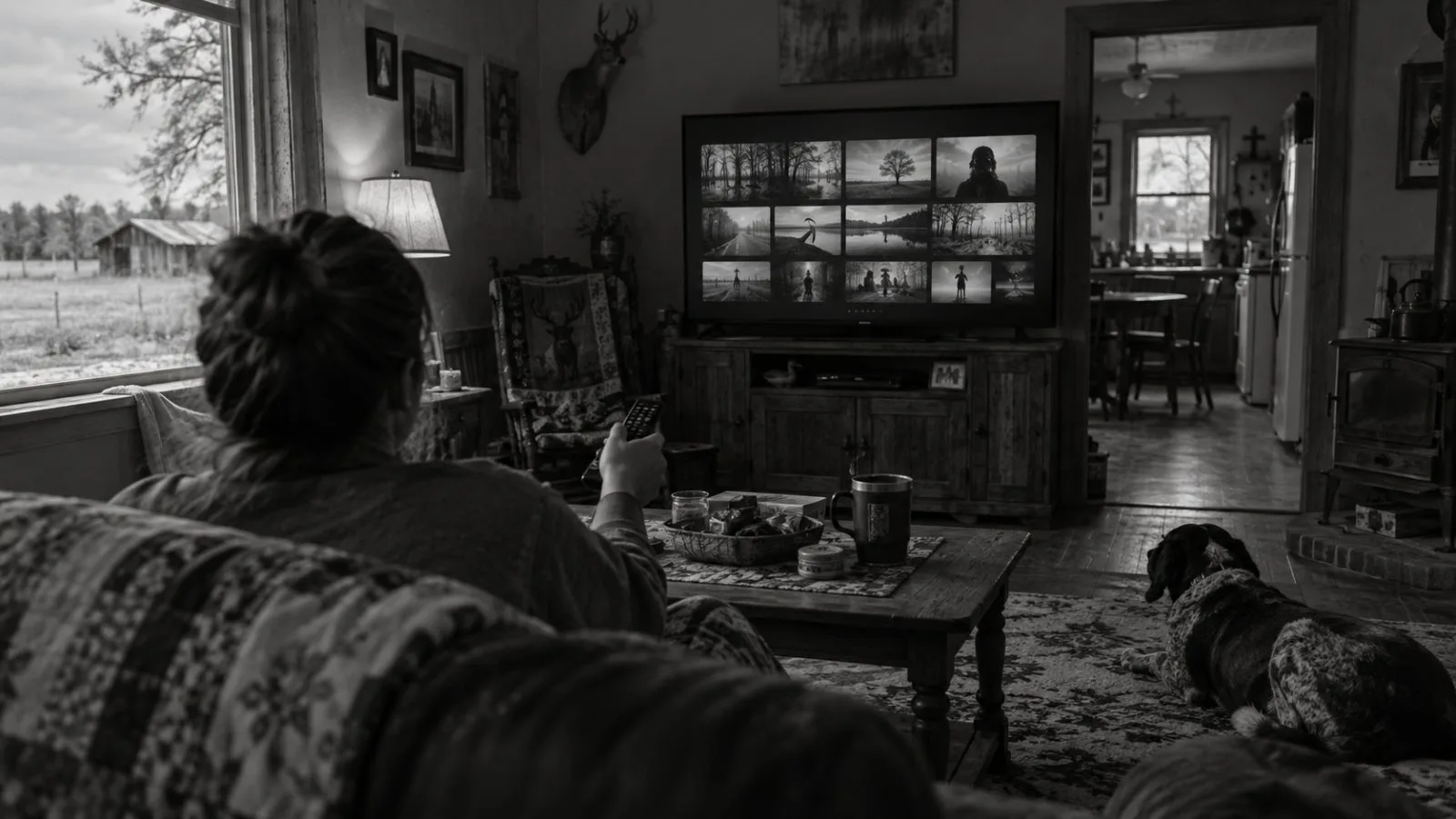A resident browses streaming options at home in rural Acadiana, Louisiana. (AI-generated image / EconoTimes)