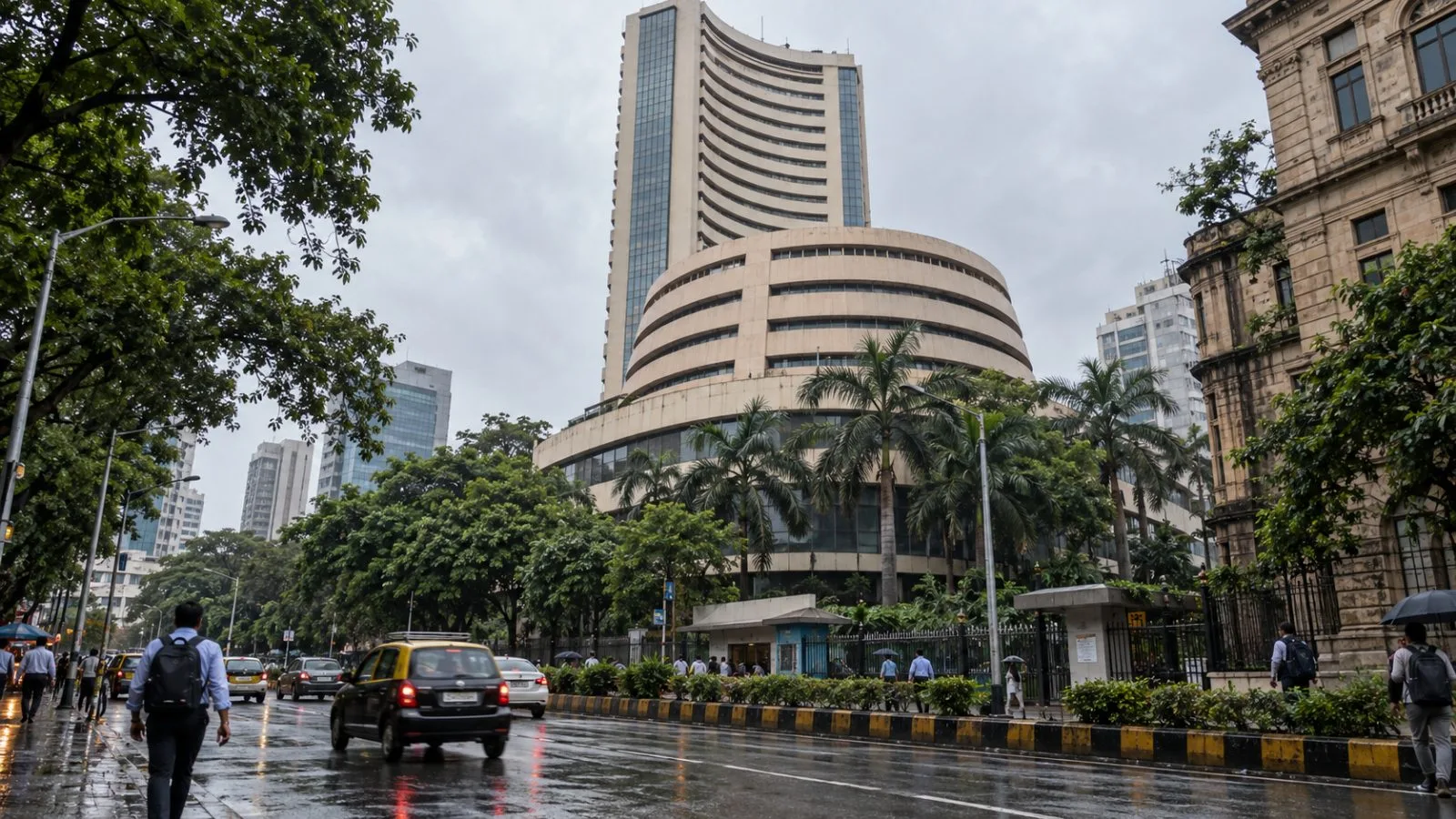 Commuters pass the Bombay Stock Exchange building on Dalal Street in Mumbai, India. (AI-generated image / EconoTimes)