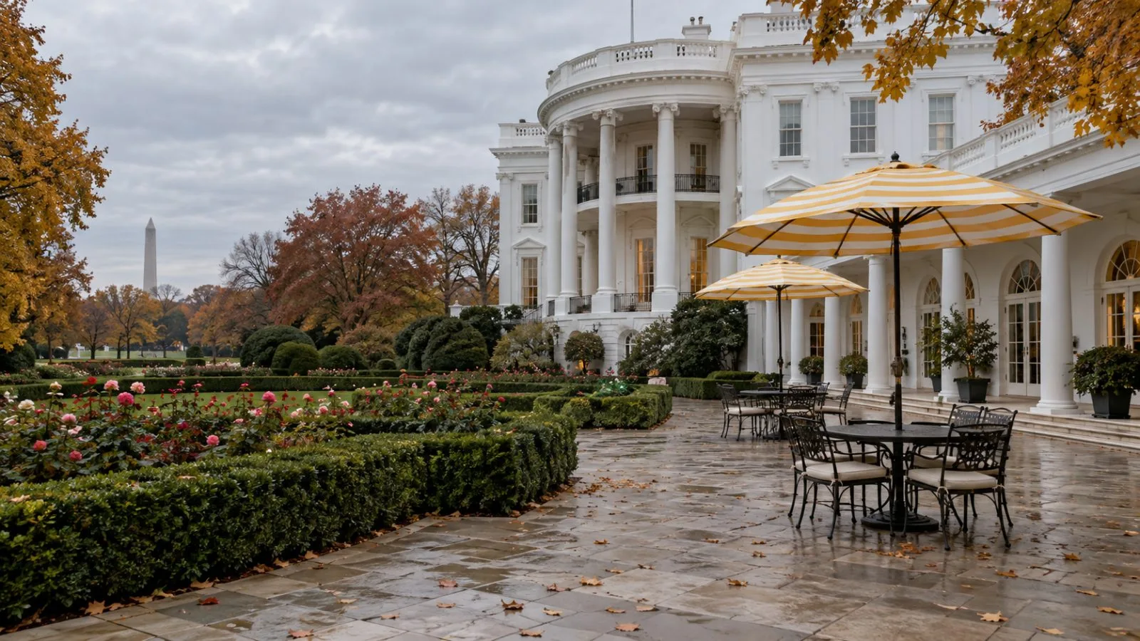 Striped umbrellas shade the paved patio in the White House Rose Garden in Washington. (AI-generated image / EconoTimes)