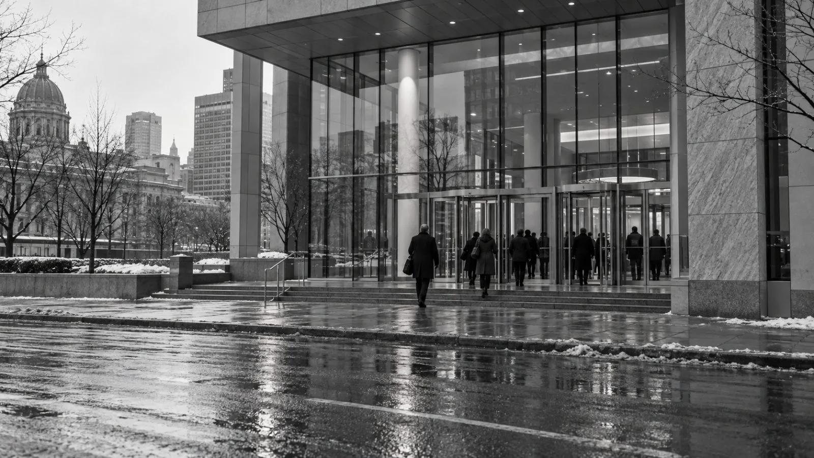 Delegates enter a glass-fronted conference venue in Montreal, Canada. (AI-generated image / EconoTimes)