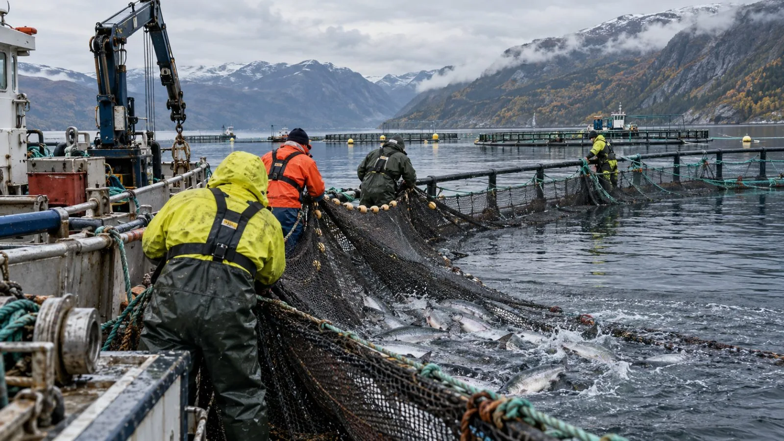 Workers haul a salmon net beside a fjord farm outside Bergen, Norway (AI-generated image / EconoTimes)