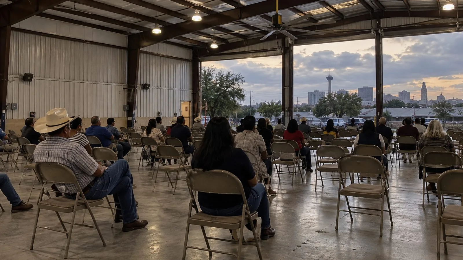 Rows of empty seats remain inside a campaign rally venue in San Antonio, Texas (AI-generated image / EconoTimes)