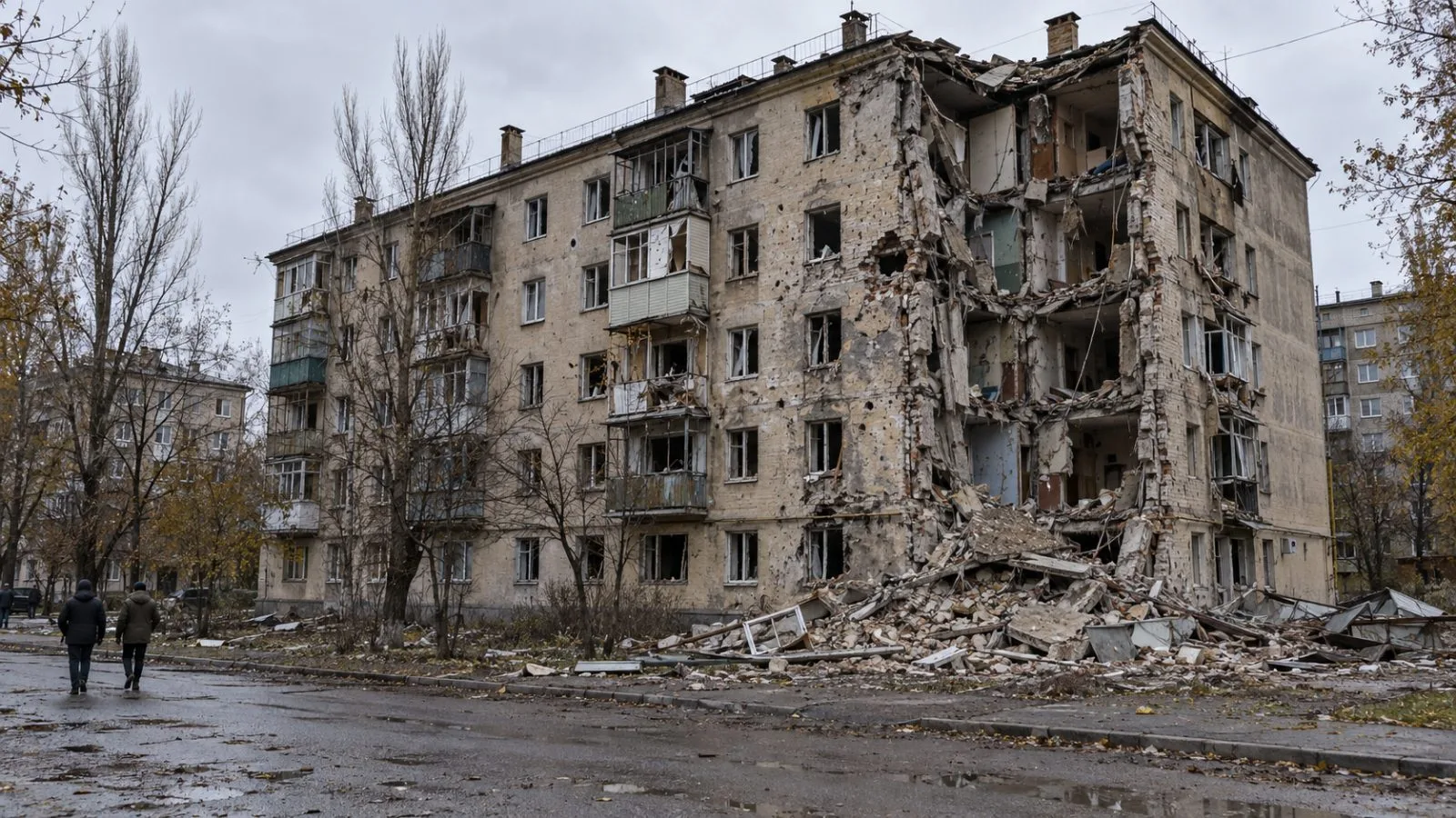 A damaged apartment building stands beside rubble on a residential street in Sloviansk, Ukraine (AI-generated image / EconoTimes)