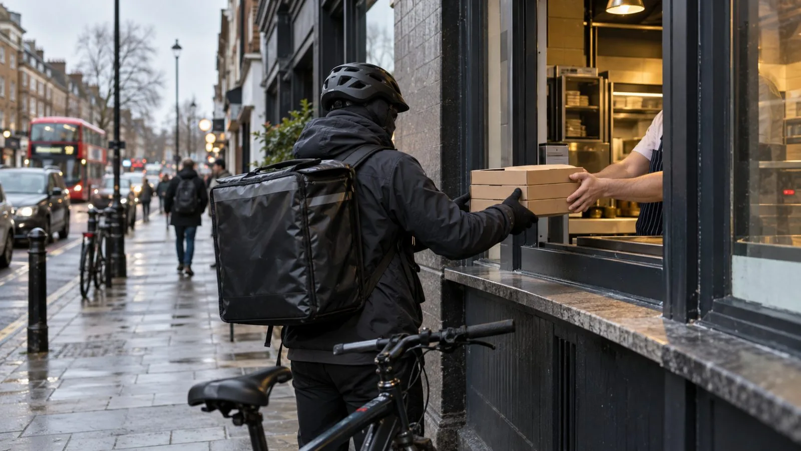 A delivery rider collects pizza boxes outside a takeaway on a London high street. (AI-generated image / EconoTimes)