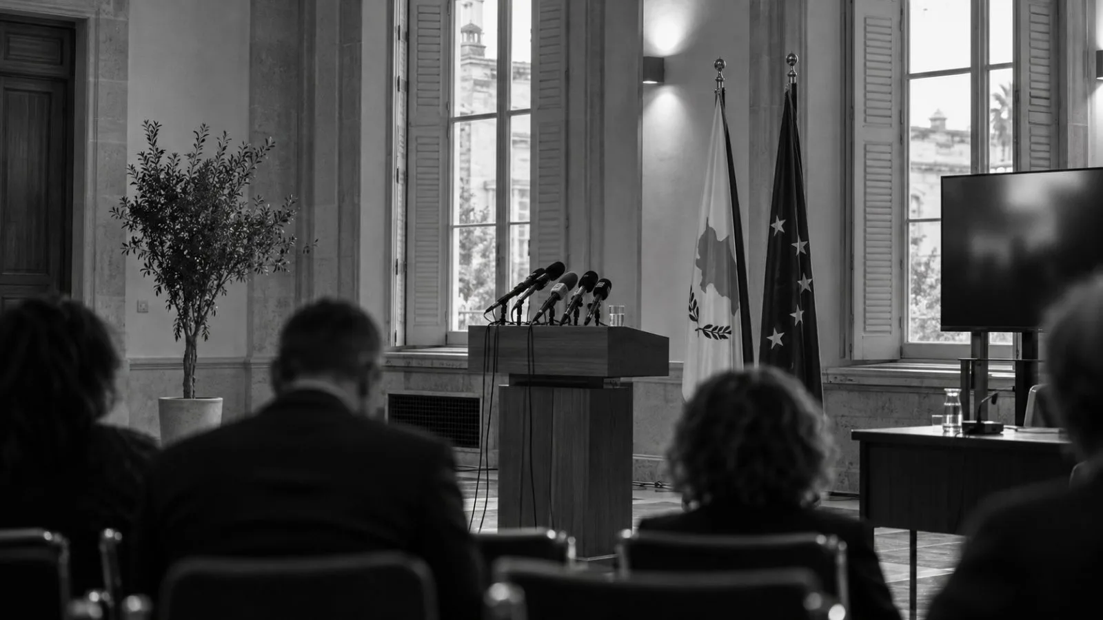 Microphones stand at a joint news conference in Nicosia, Cyprus. (AI-generated image / EconoTimes)