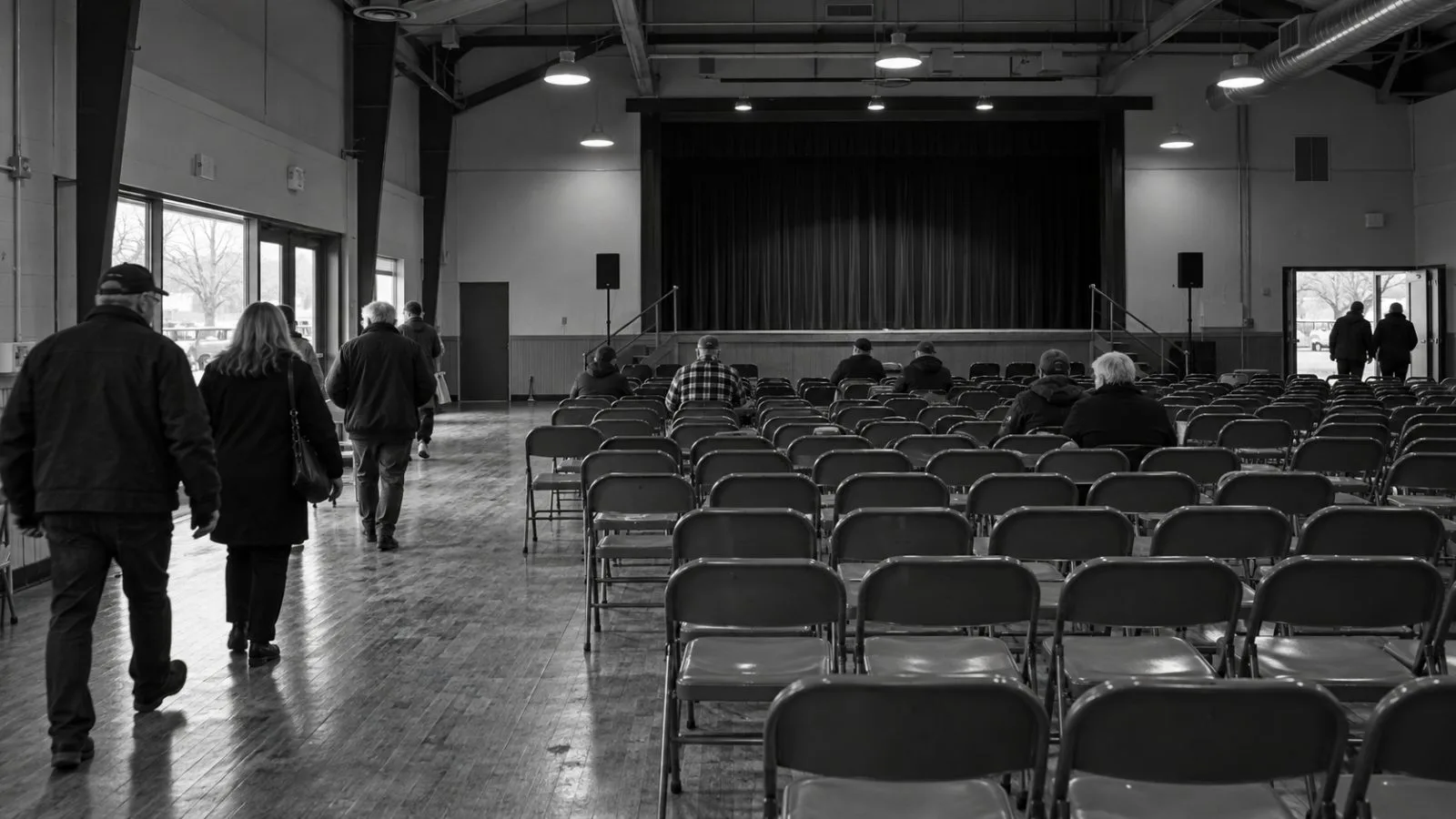 Folding chairs face a campaign stage inside a rally venue in Dubuque, Iowa. (AI-generated image / EconoTimes)