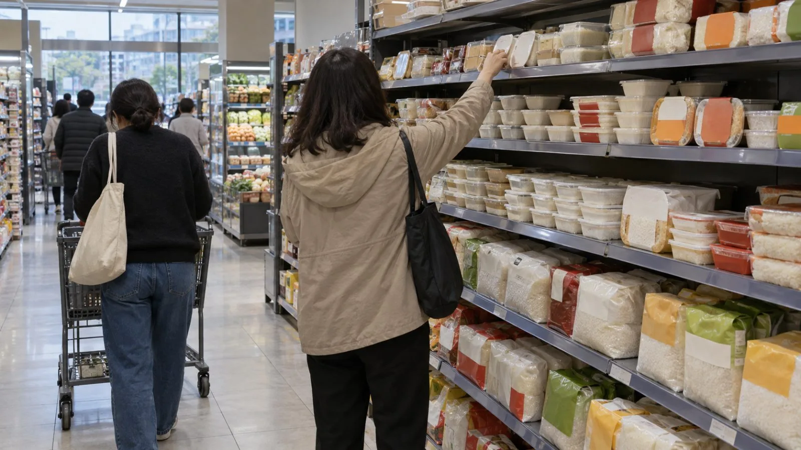 Shoppers browse packaged ready-to-eat rice on a supermarket shelf in Seoul, South Korea. (AI-generated image / EconoTimes)