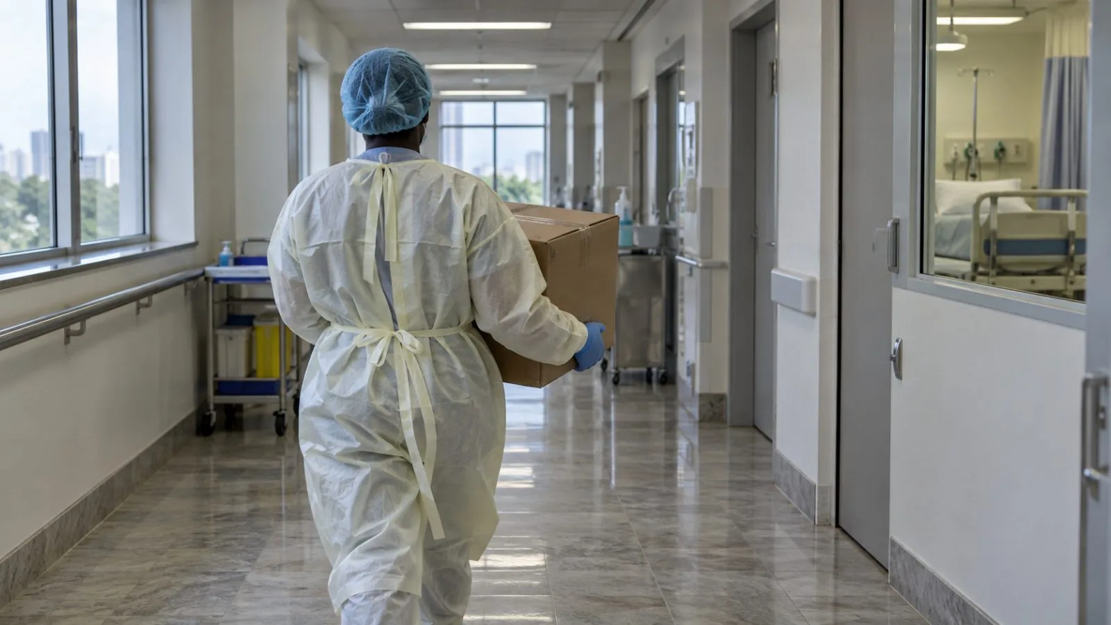 A health worker carries protective supplies through a hospital corridor in Abuja, Nigeria. (AI-generated image / EconoTimes)