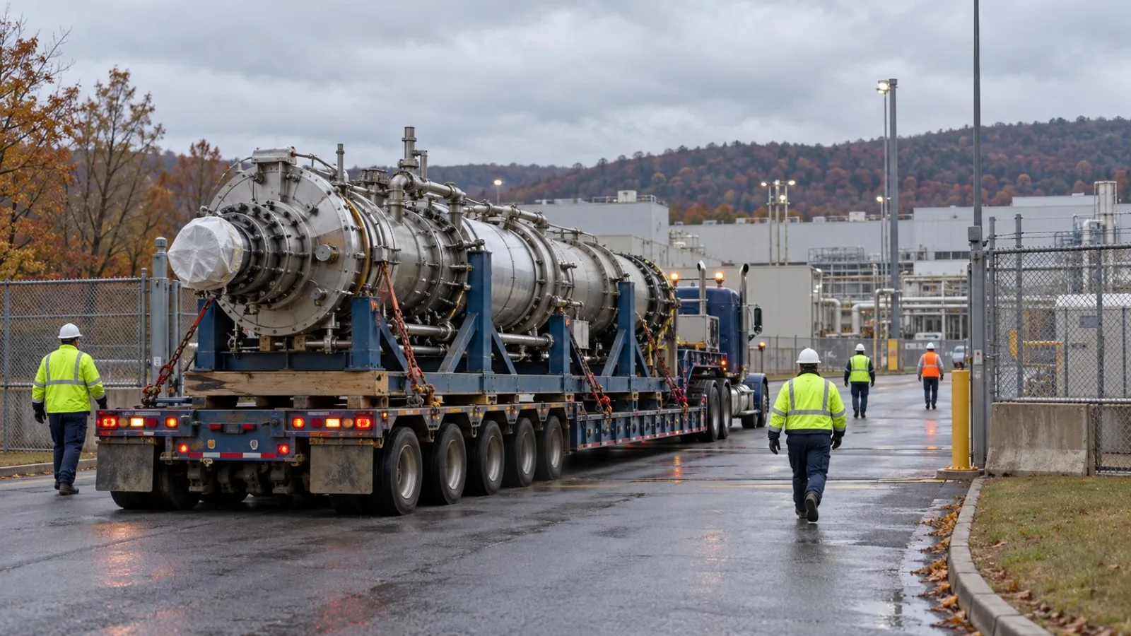 A heavy-haul trailer carries industrial equipment from a uranium enrichment facility in Oak Ridge, Tennessee (AI-generated image / EconoTimes)