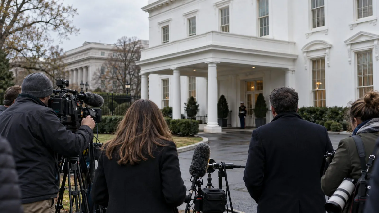 Reporters wait outside the White House press entrance in Washington, D.C. (AI-generated image / EconoTimes)