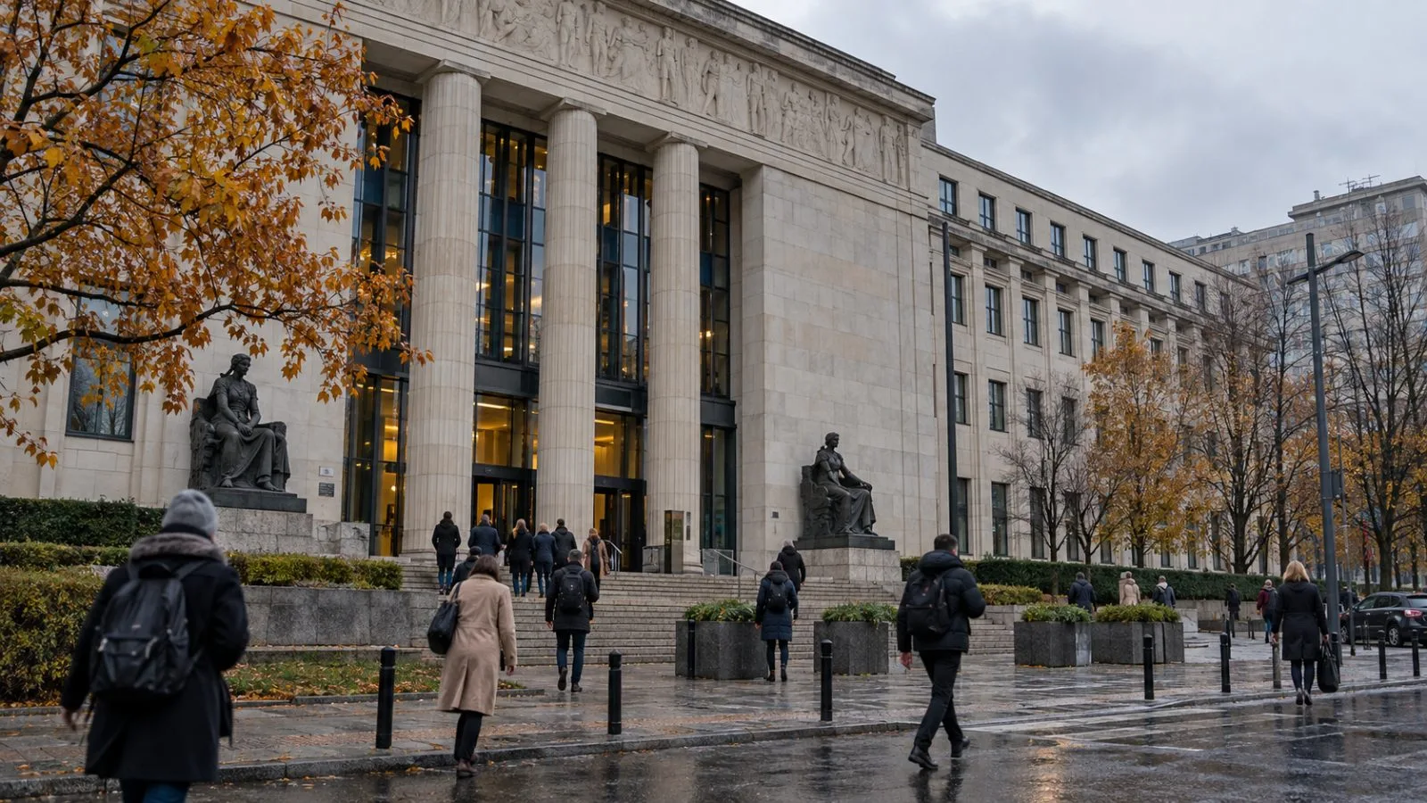 Commuters pass the National Bank of Poland in Warsaw on an overcast autumn afternoon. (AI-generated image / EconoTimes)