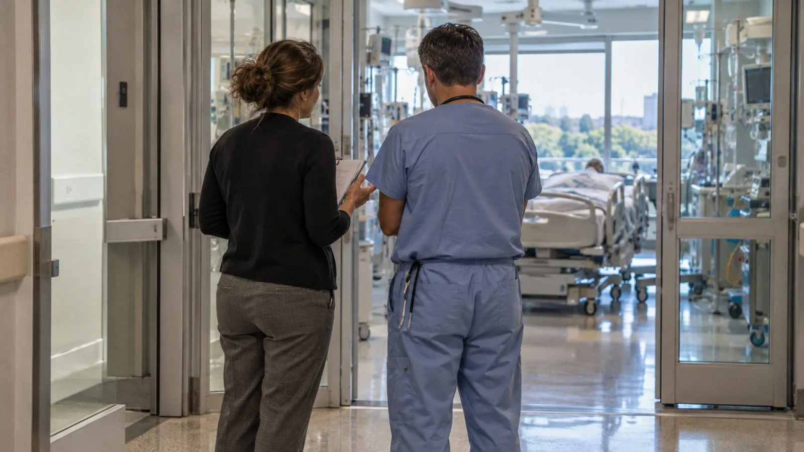 A clinician and donation coordinator confer in a hospital corridor in Washington, D.C. (AI-generated image / EconoTimes)