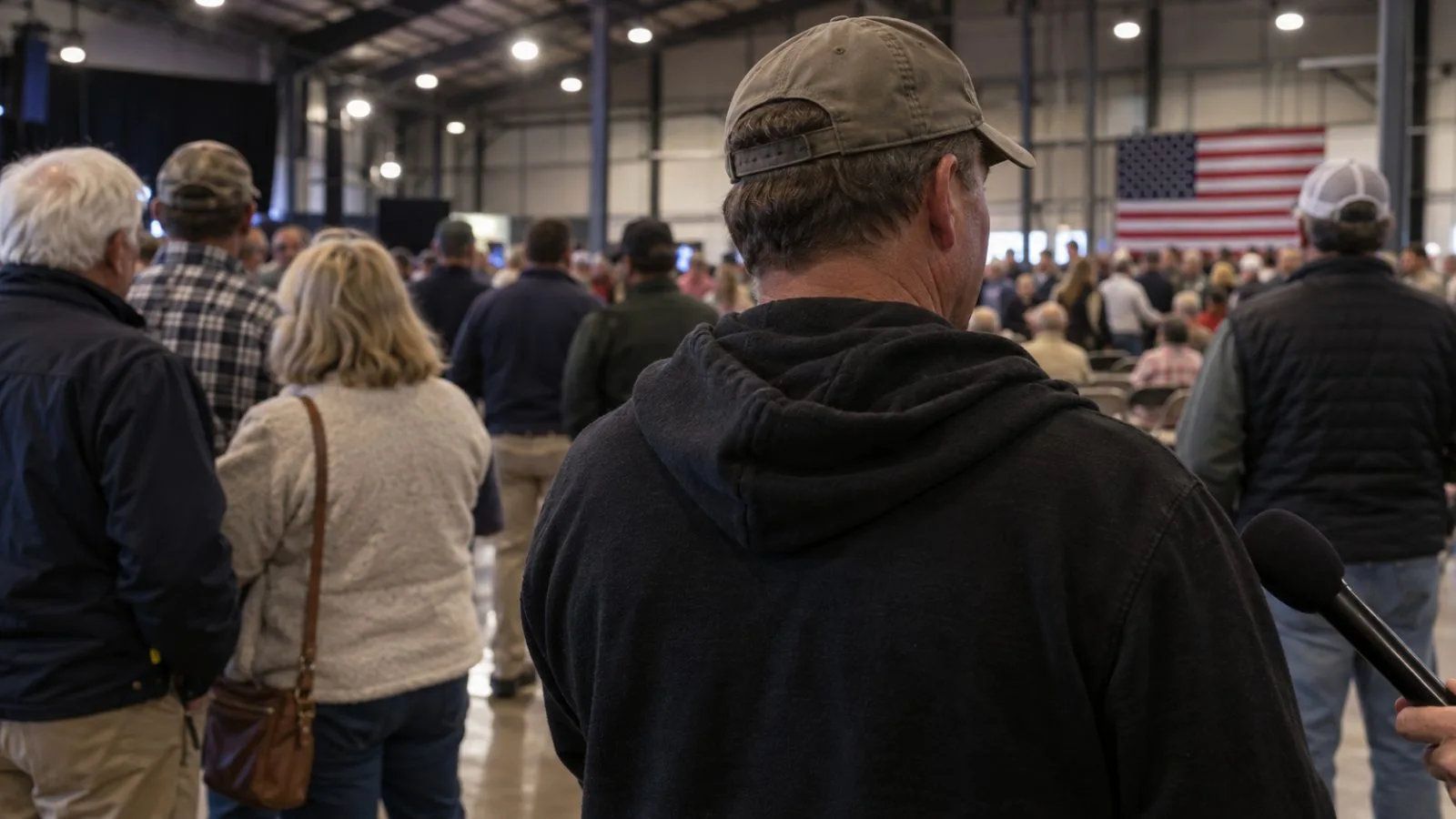 A rally attendee speaks with a reporter inside a political event venue in South Carolina. (AI-generated image / EconoTimes)