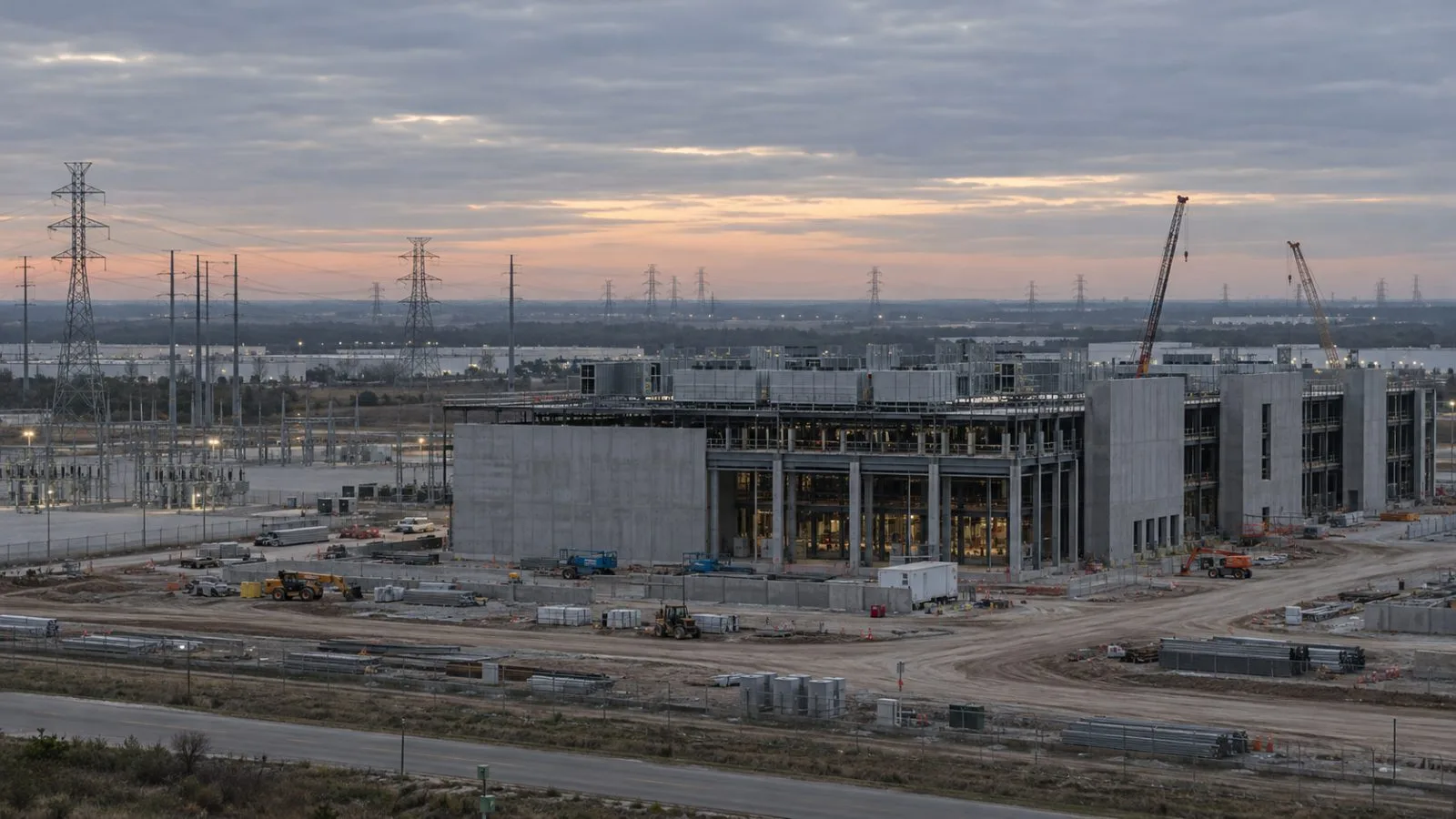 An unfinished data center shell stands beneath transmission lines outside Dallas, Texas. (AI-generated image / EconoTimes)