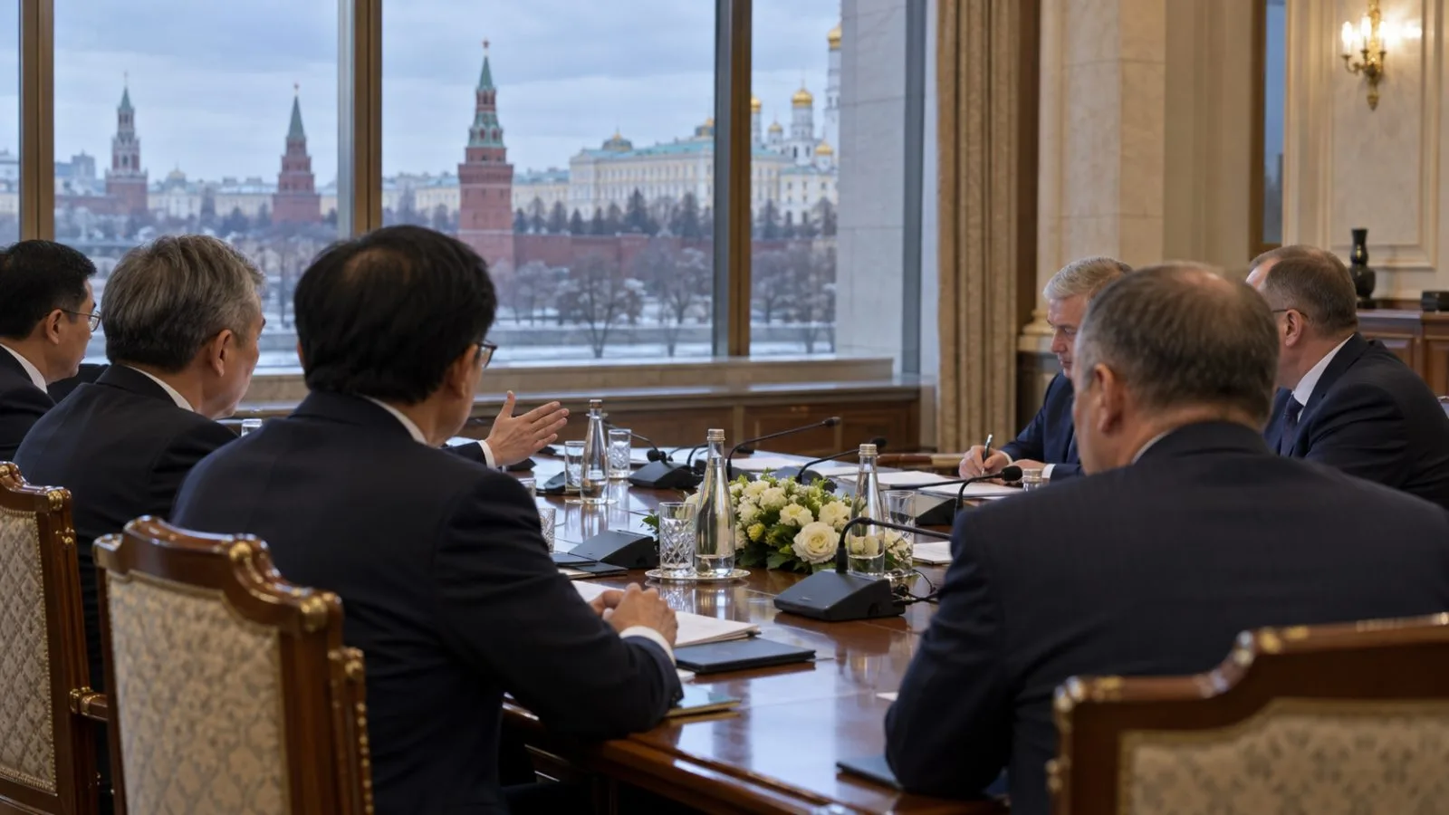 Delegates gather for bilateral talks during an international summit in Moscow (AI-generated image / EconoTimes)