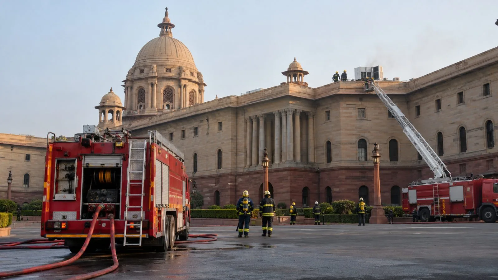 Fire engines stand outside North Block after a rooftop fire in New Delhi, India. (AI-generated image / EconoTimes)