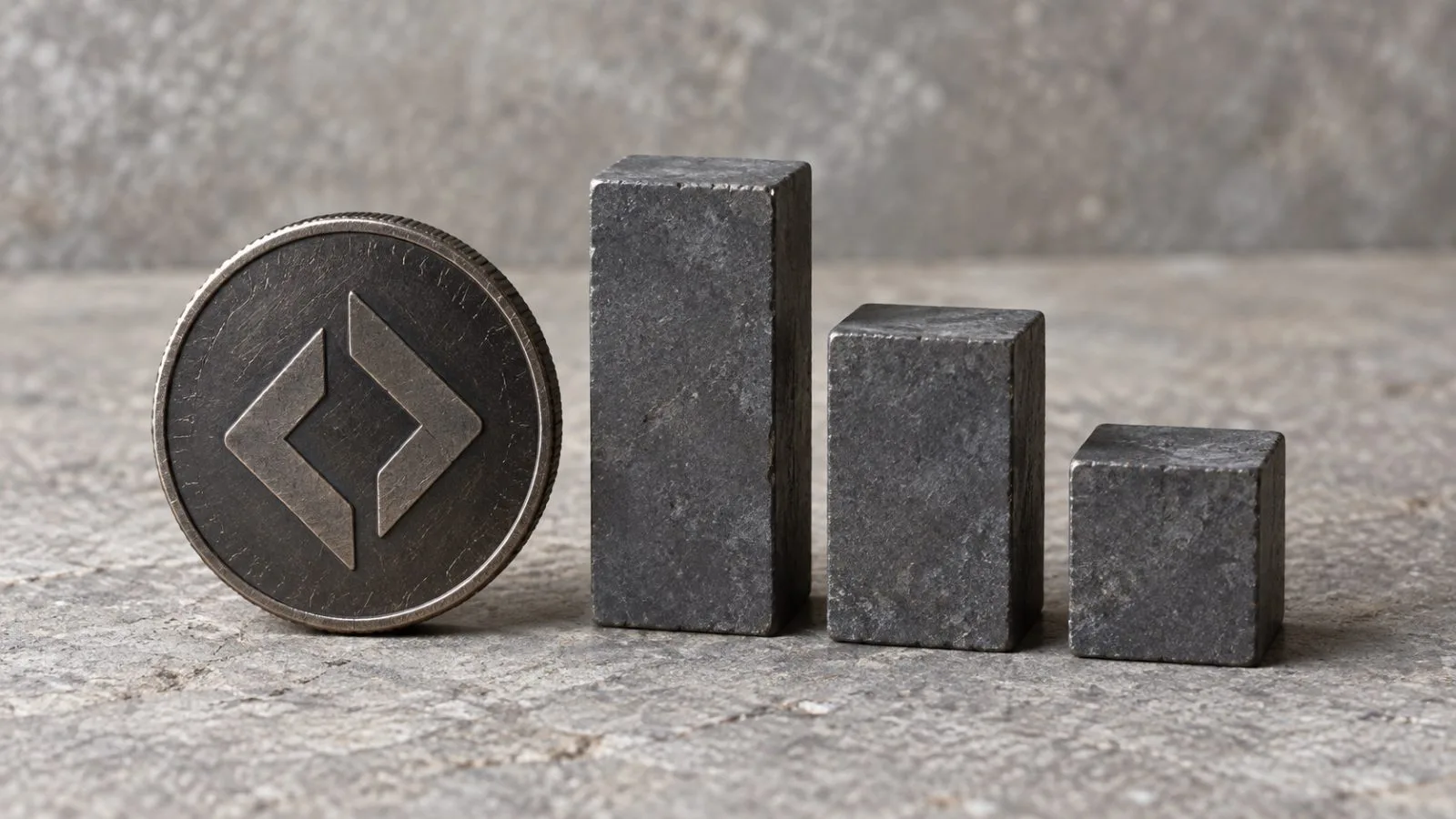A generic digital token sits beside descending blocks in an editorial cryptocurrency market graphic. / EconoTimes.ai