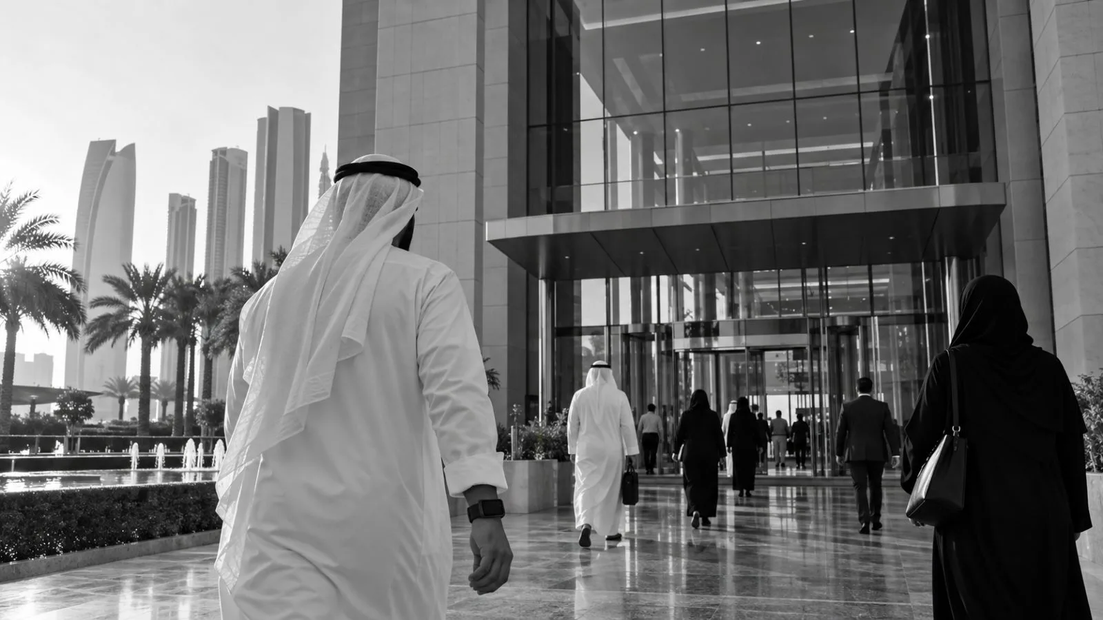Visitors enter a health department building in Abu Dhabi, one wearing a fitness tracker. / EconoTimes.ai