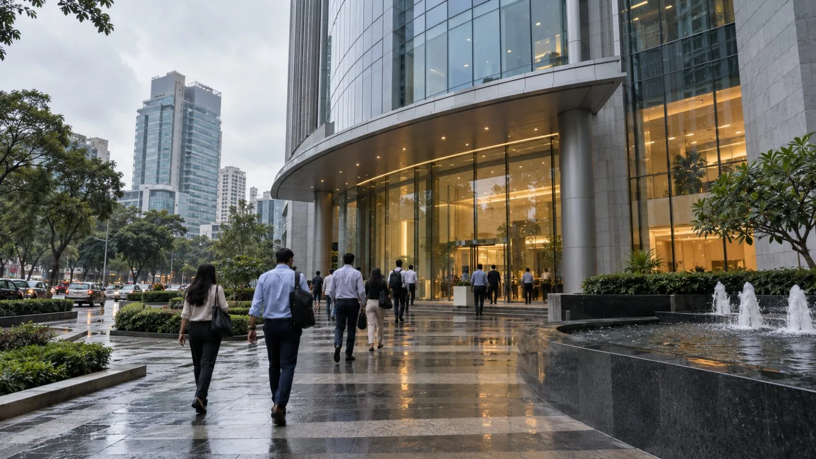 Office workers enter UB Tower on Vittal Mallya Road in Bengaluru, India. (AI-generated image / EconoTimes)