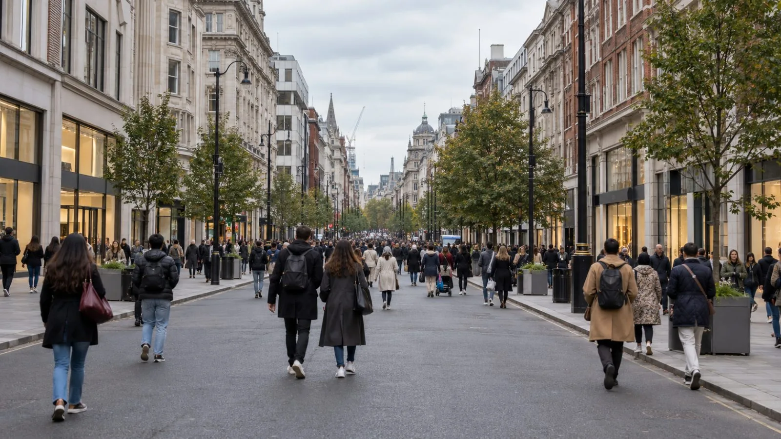 Pedestrians walk along Oxford Street after vehicle restrictions take effect in central London (AI-generated image / EconoTimes)