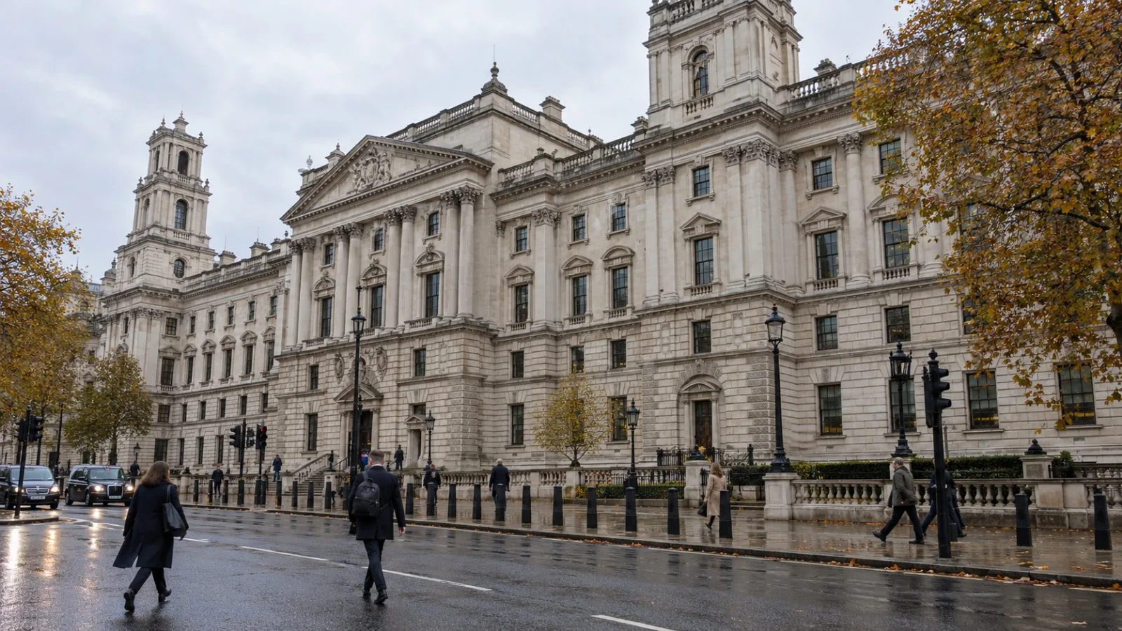 Pedestrians pass the Treasury in Westminster, London, on an overcast autumn morning. (AI-generated image / EconoTimes)