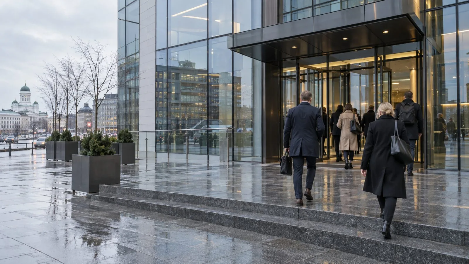 Office workers enter a commercial building in Helsinki, Finland, beneath a cloudy morning sky. (AI-generated image / EconoTimes)