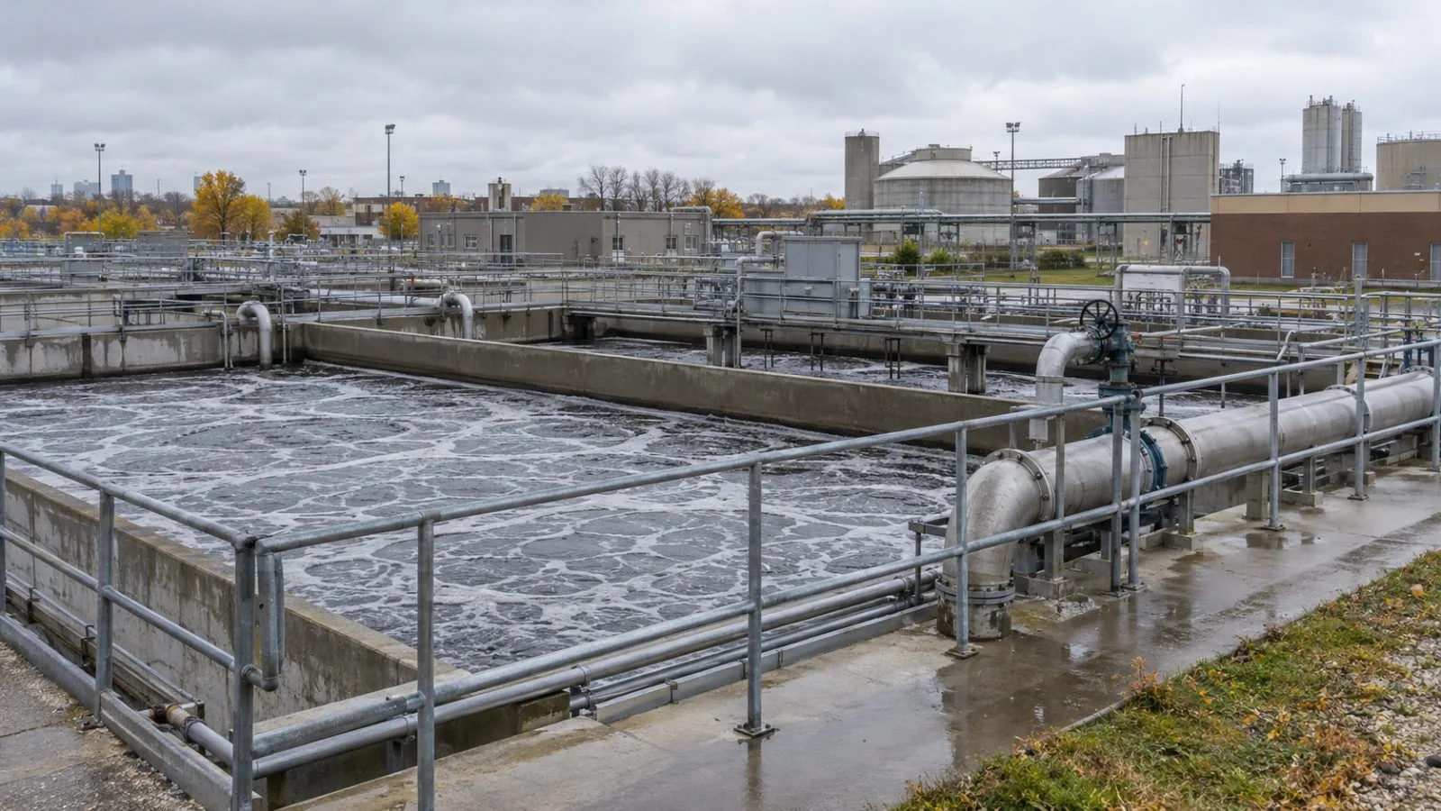 Treatment basins sit beneath autumn clouds at Winnipeg’s North End Water Pollution Control Centre. (AI-generated image / EconoTimes)