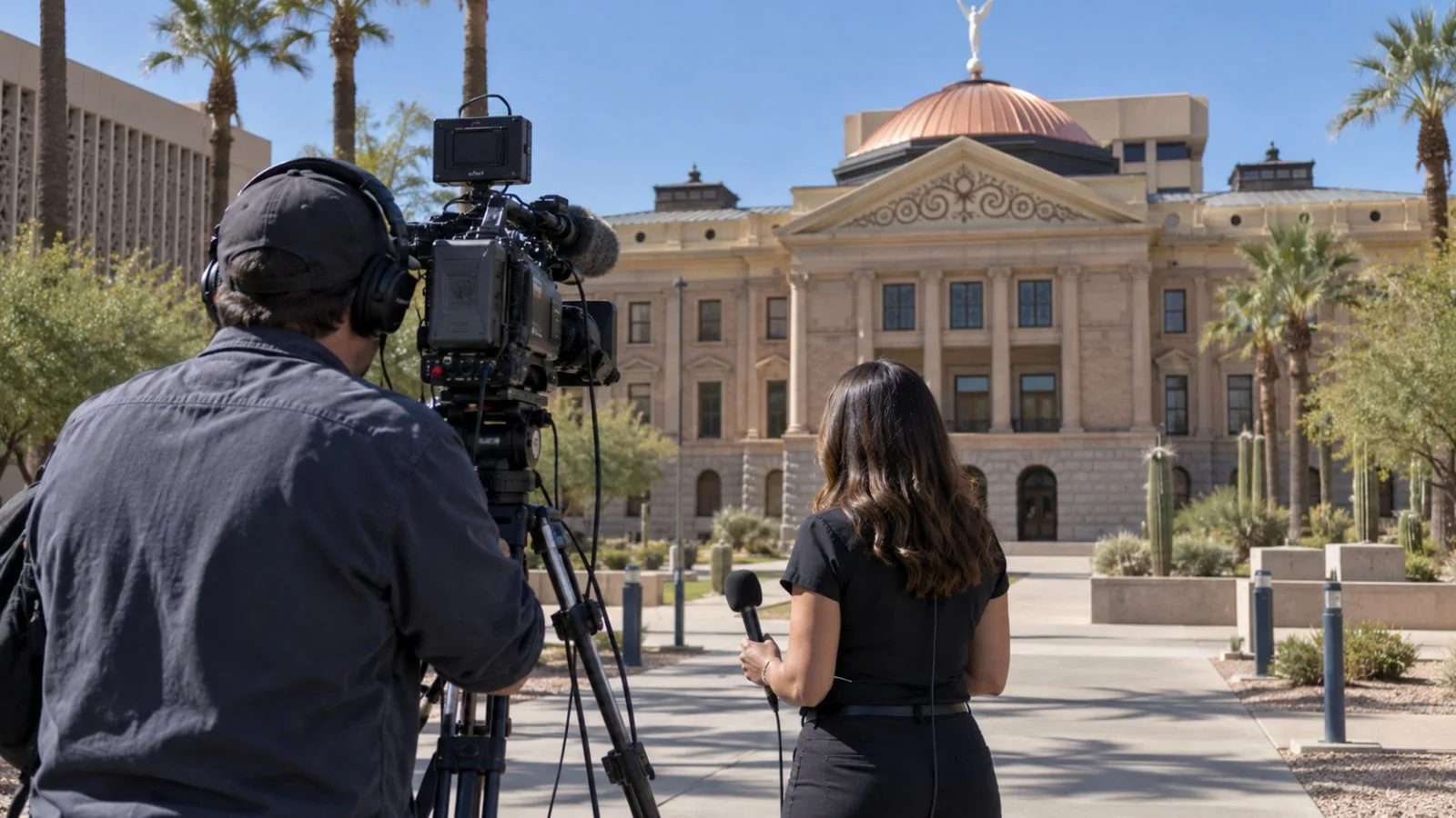 A television crew sets up a camera outside the Arizona State Capitol in Phoenix. (AI-generated image / EconoTimes)