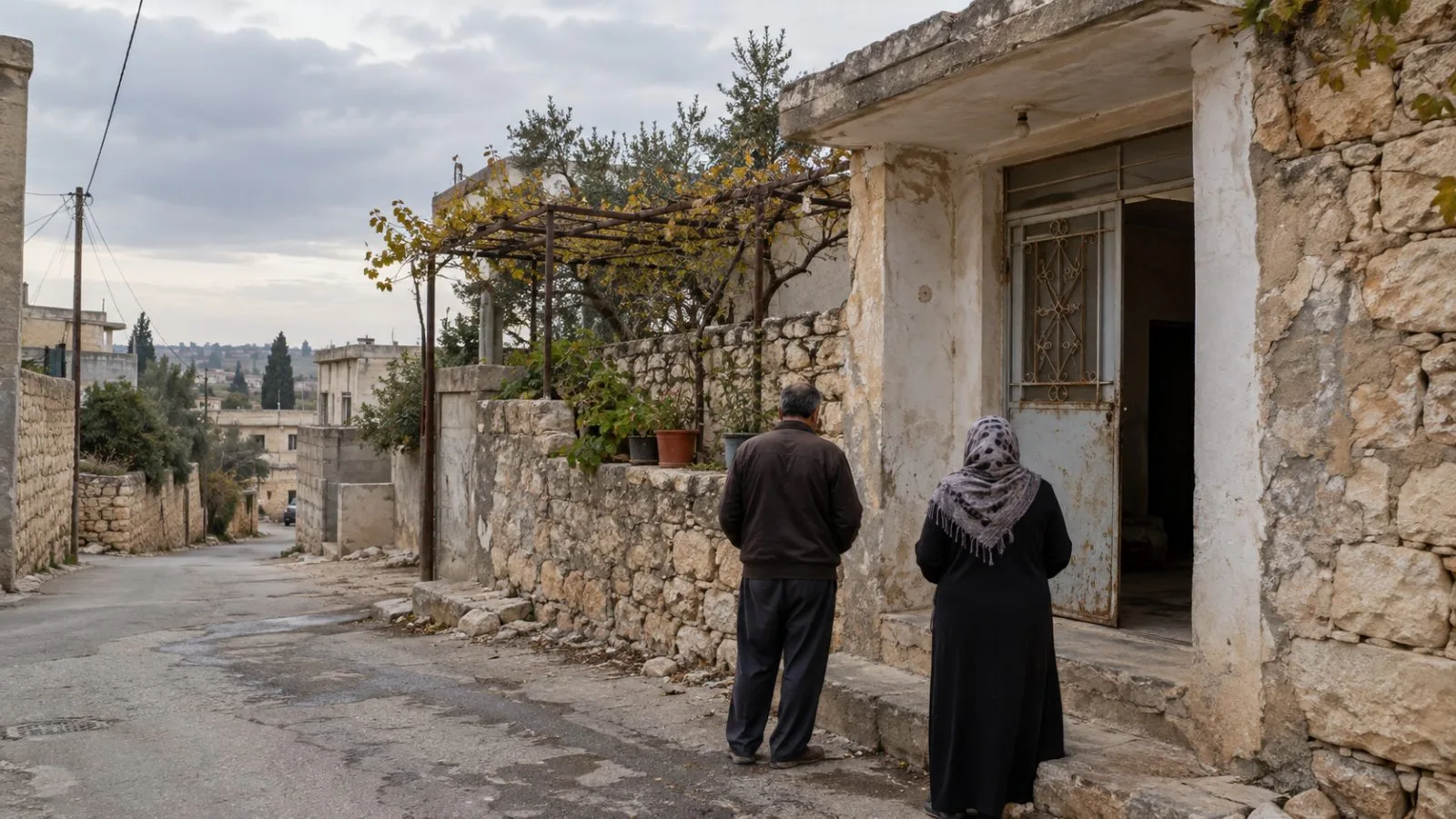 Residents stand outside a home on a village lane in Jamla, Daraa Governorate, Syria. (AI-generated image / EconoTimes)