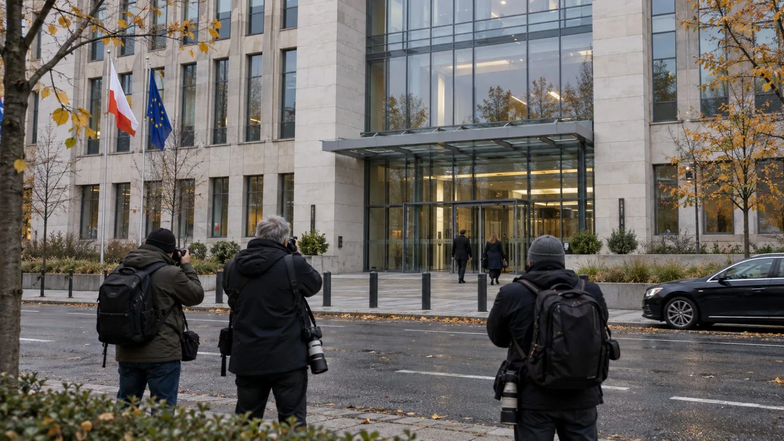 Photographers wait outside Poland’s Ministry of Digital Affairs in Warsaw beneath an overcast sky. (AI-generated image / EconoTimes)