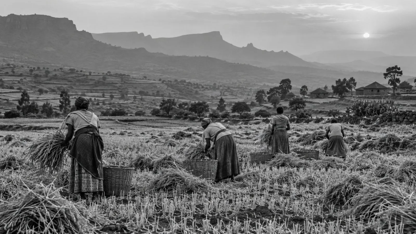 Workers gather grain in a rural field in Ethiopia’s Tigray region (AI-generated image / EconoTimes)