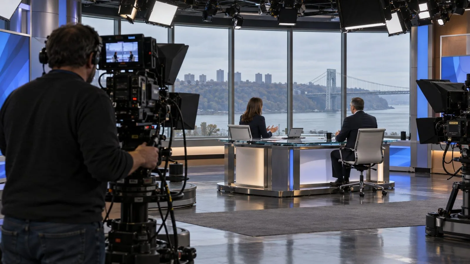 A camera operator prepares an interview set at CNBC’s studio in Englewood Cliffs, New Jersey. (AI-generated image / EconoTimes)