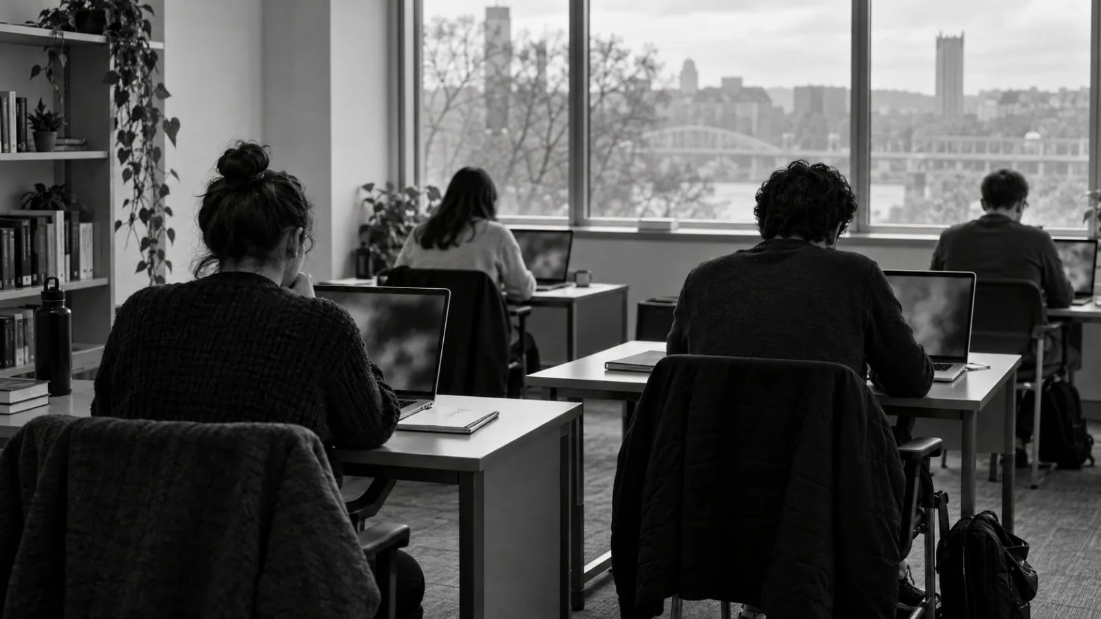 Participants work on laptops during a collaborative decision-making study at Carnegie Mellon University in Pittsburgh. (AI-generated image / EconoTimes)