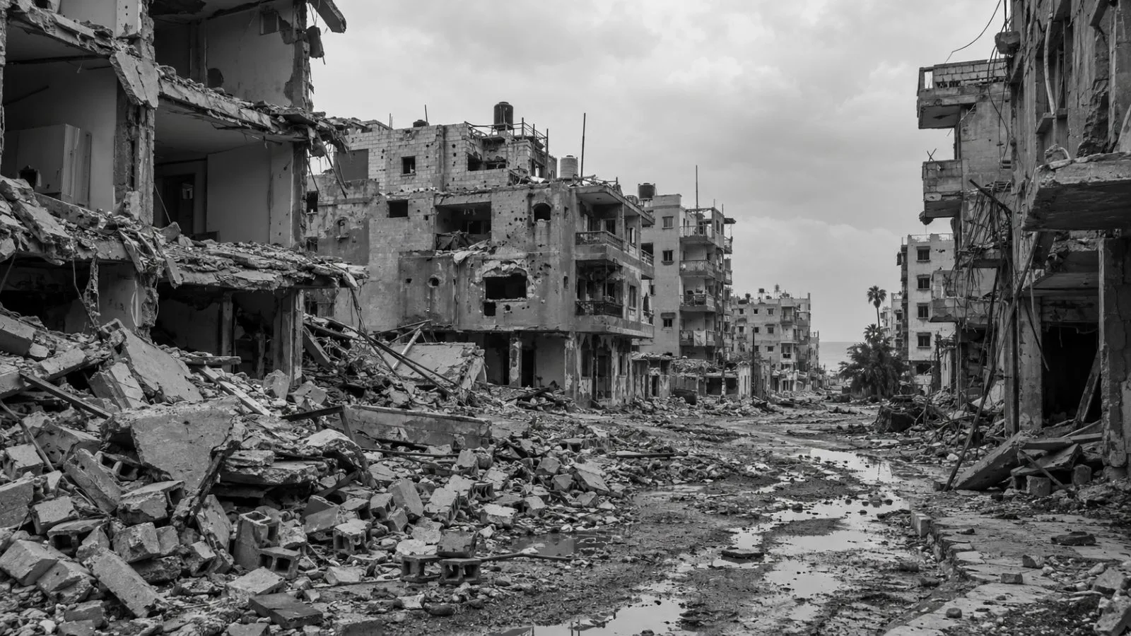 Damaged apartment buildings line a residential street in Gaza City, Gaza Strip (AI-generated image / EconoTimes)