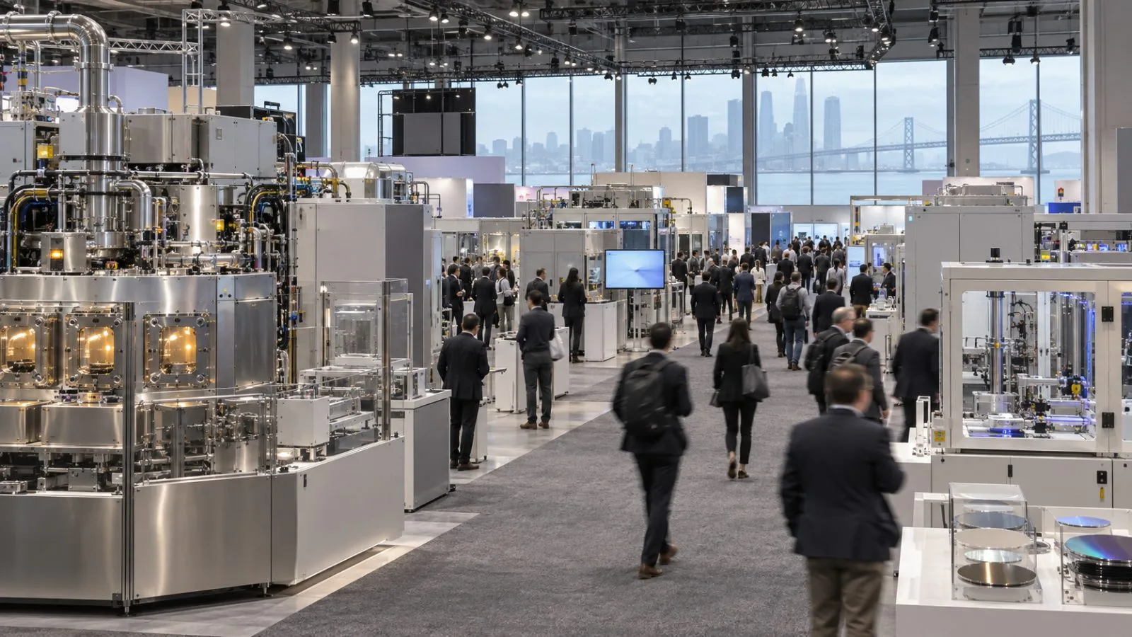 Attendees walk among semiconductor equipment displays at a trade fair in San Francisco. (AI-generated image / EconoTimes)