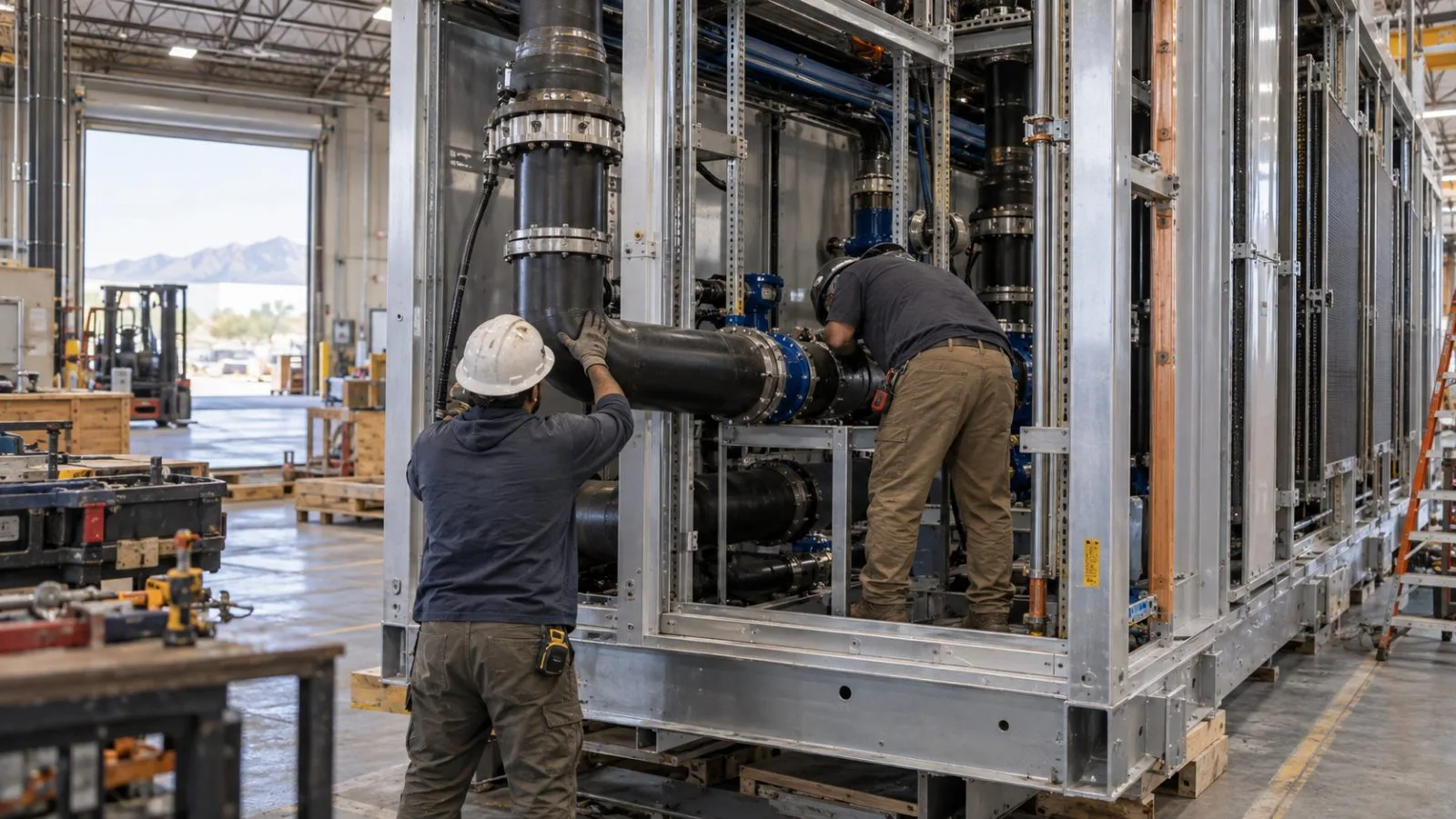 Workers fit cooling pipes inside a modular data center enclosure in Gilbert, Arizona. (AI-generated image / EconoTimes)