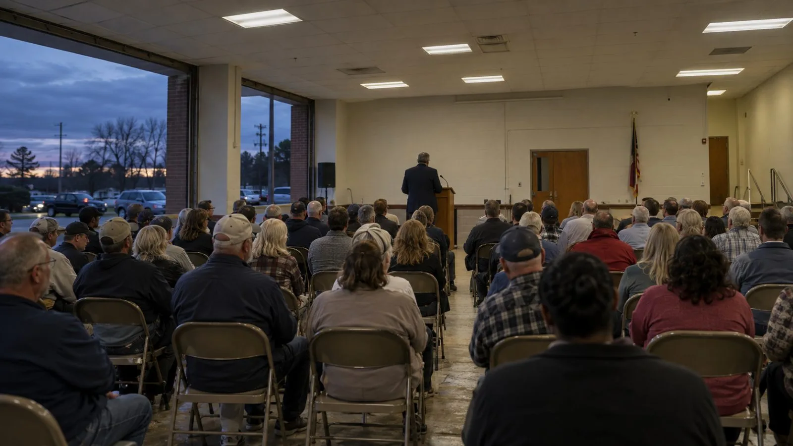 Attendees face a lectern at a campaign rally in Greenville, North Carolina. (AI-generated image / EconoTimes)