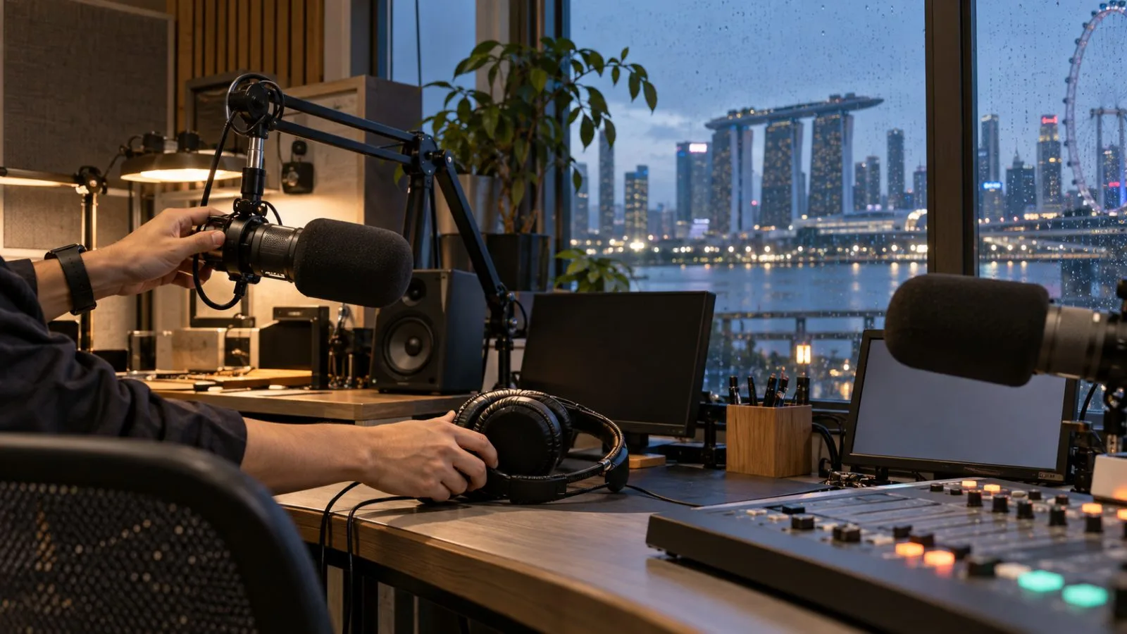 A broadcast microphone and headphones sit ready in a newsroom recording booth in Singapore. (AI-generated image / EconoTimes)