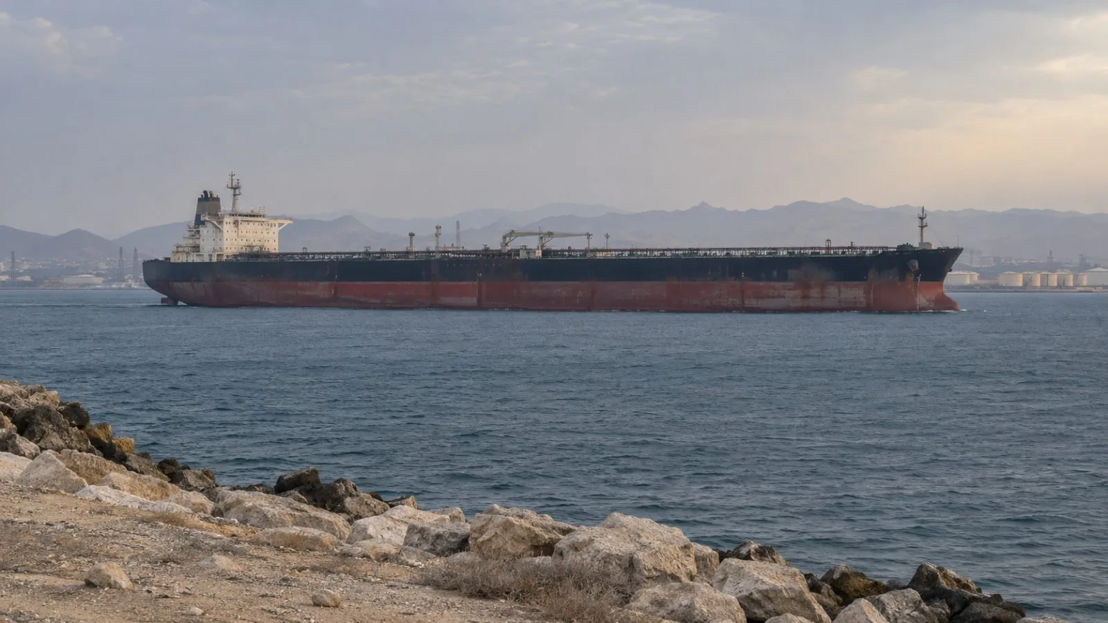 An oil tanker passes offshore near Bandar Abbas, Iran, in hazy daylight. (AI-generated image / EconoTimes)