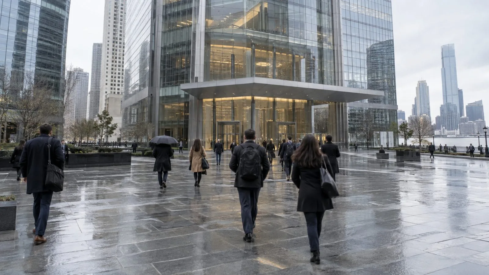 Pedestrians pass the office tower housing DTCC in Jersey City, New Jersey. / EconoTimes.ai