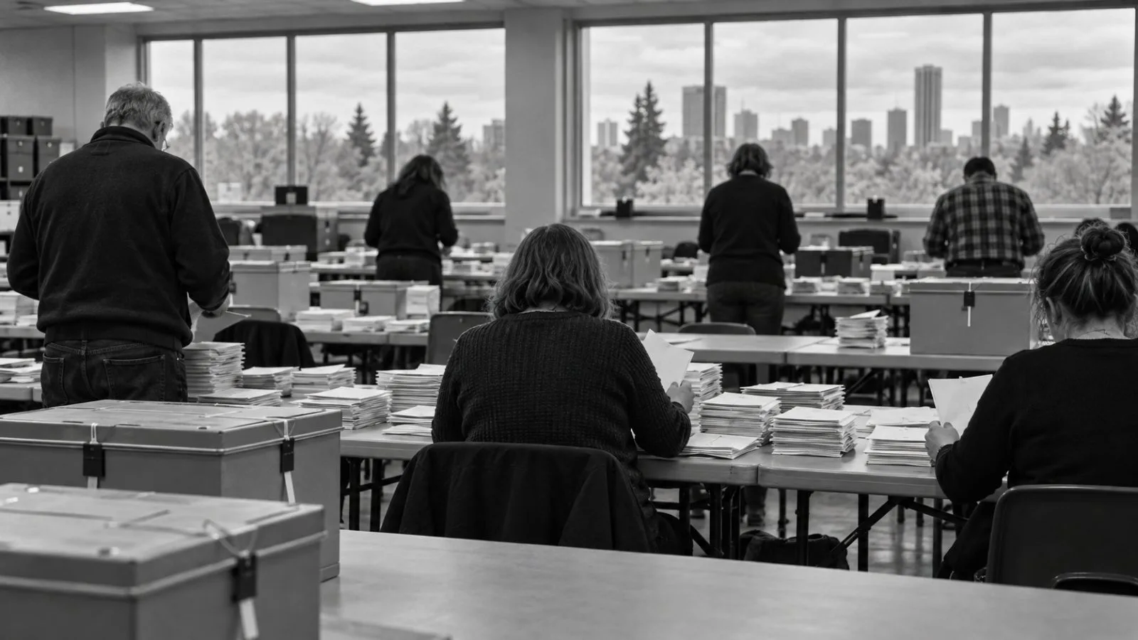 Election workers sort ballots at a counting center in Edmonton, Alberta. (AI-generated image / EconoTimes)