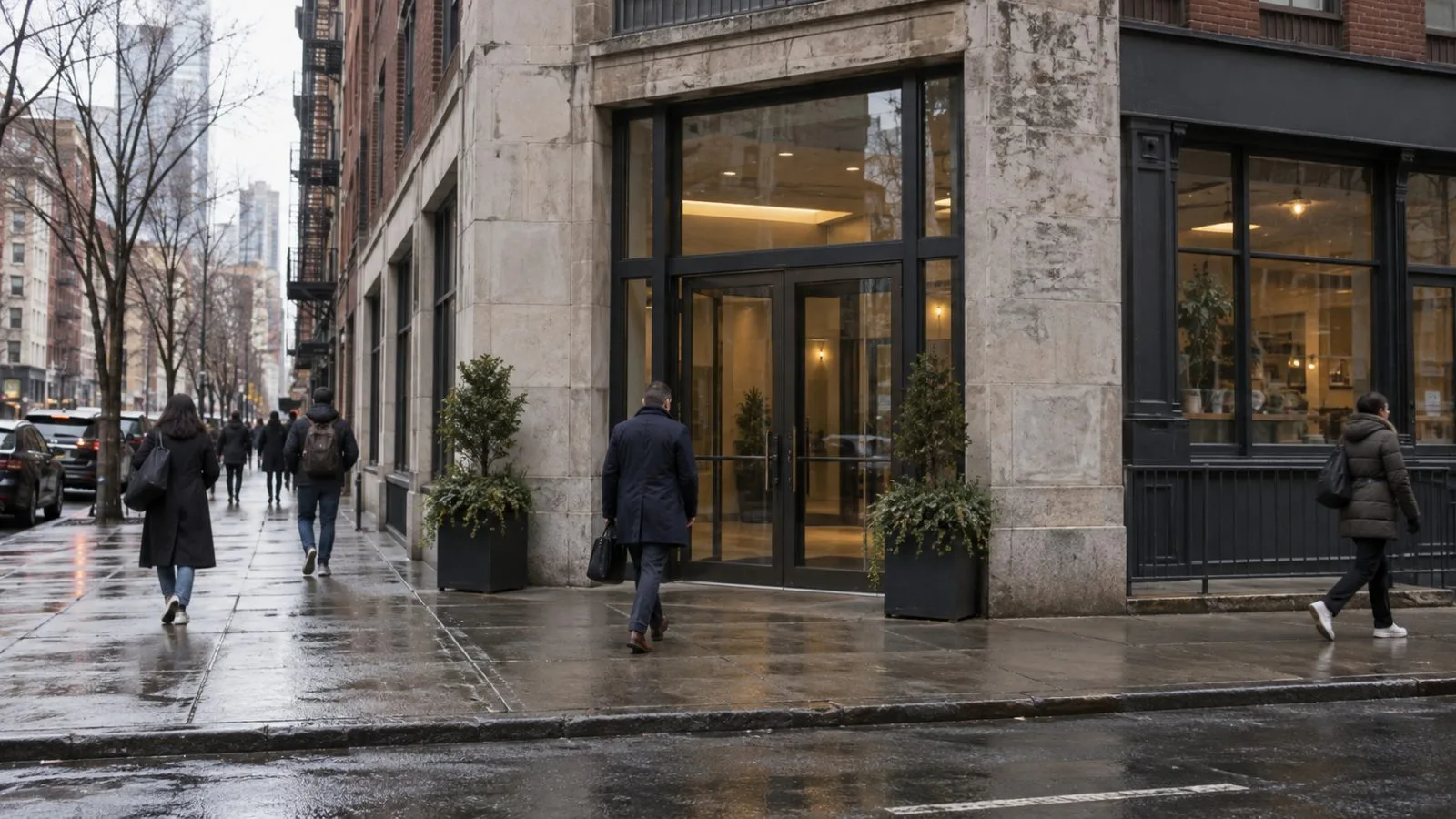 Pedestrians pass an office entrance on West 14th Street in Manhattan, New York. (AI-generated image / EconoTimes)