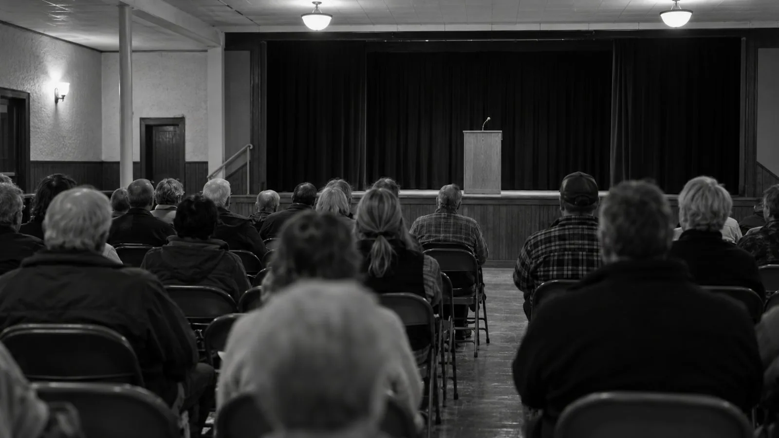 Audience members face the stage at a rally in Park City, Kansas. (AI-generated image / EconoTimes)