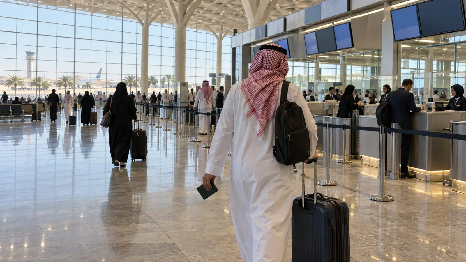 Travelers move through the international departures hall at King Khalid International Airport in Riyadh, Saudi Arabia. (AI-generated image / EconoTimes)