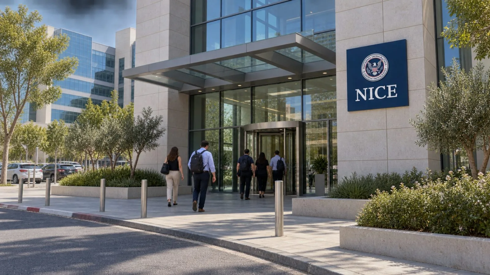 Workers enter NiCE's headquarters in Ra'anana, Israel, on a clear morning. / EconoTimes.ai