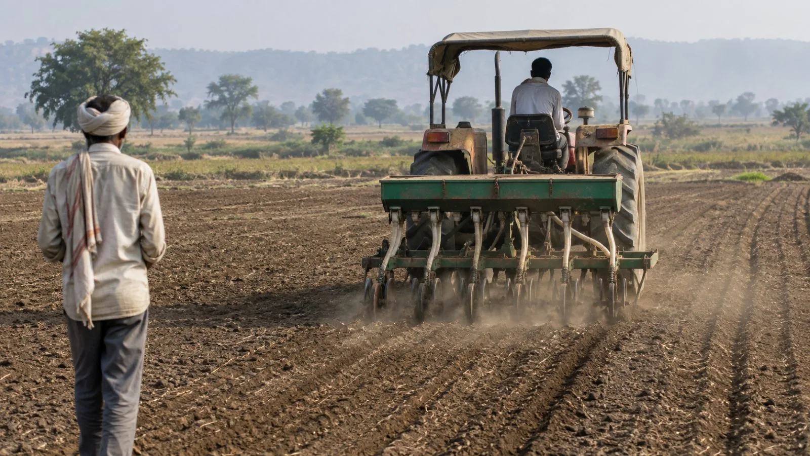 A tractor-drawn seed drill plants chickpeas in a field outside Bhopal, India (AI-generated image / EconoTimes)